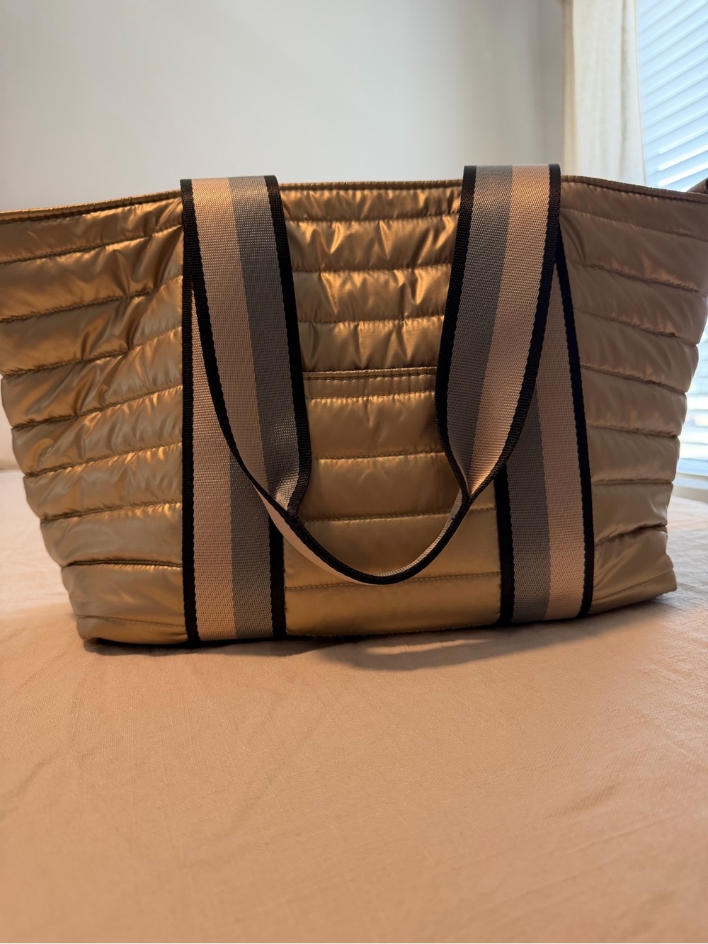THINK ROYLN Metallic Gold Quilted Tote with Striped Handles